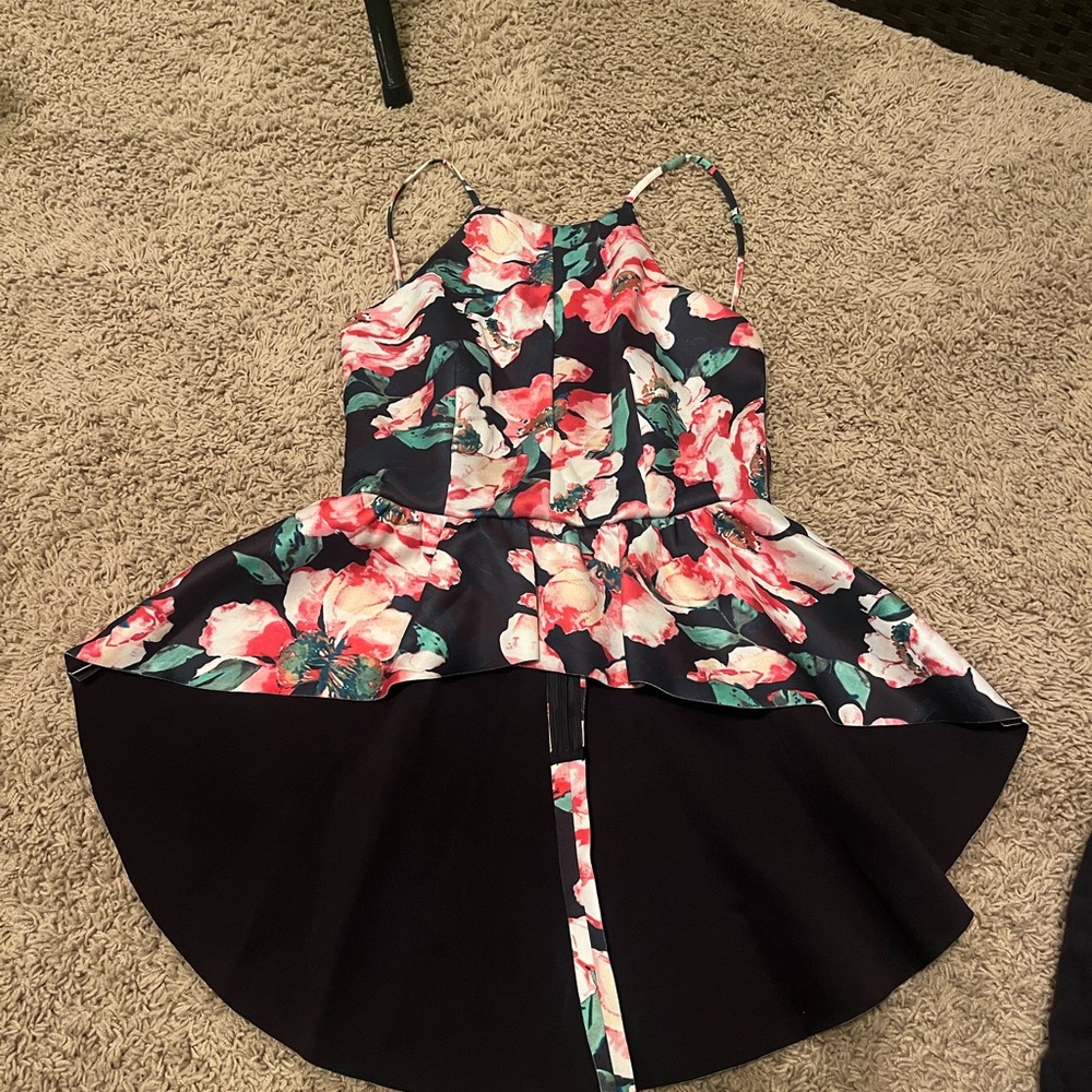 Floral Peplum Halter Top in Black with Pink Green Blossoms